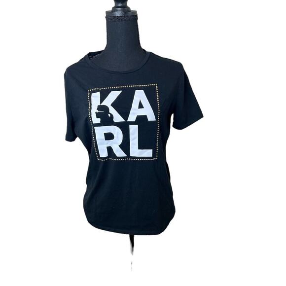 KARL LAGERFELD PARIS BLACK M Gold STUDDED SHORT SLEEVE TEE SHIRT EUC - Picture 1 of 7
